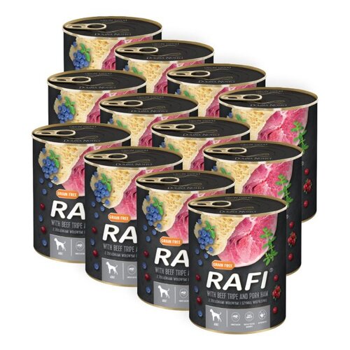 Karma dla psa RAFI z żołądkami wołowymi, szynką wieprzową z borówką i żurawiną 12 x 800 g