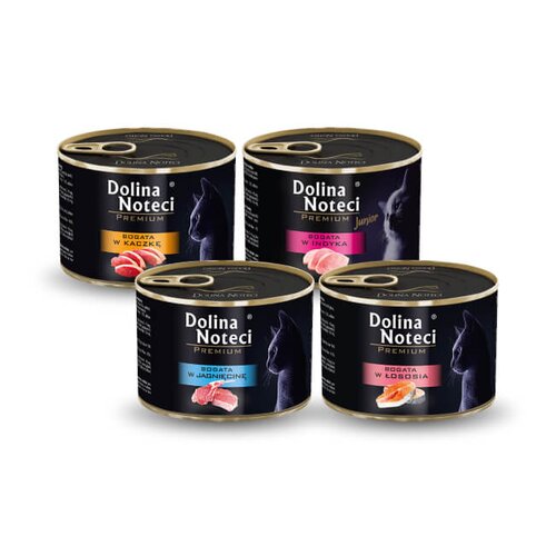 Karma dla kota DOLINA NOTECI Premium z łososiem, jagnięciną, kaczką + Premium Junior z indykiem 4 x 185 g