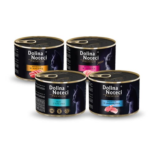 Karma dla kota DOLINA NOTECI Premium Filet z tuńczyka, Premium Jagnięcina, Premium Junior Indyk, Premium Kaczka 4 x 185 g