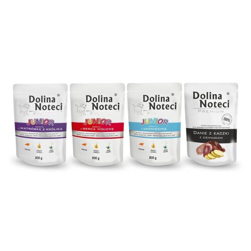 Karma dla psa DOLINA NOTECI Premium Junior bogata w jagnięcinę, serca wołowe, wątróbkę z królika + Premium Danie z kaczki z ziemniakami 4 x 300 g