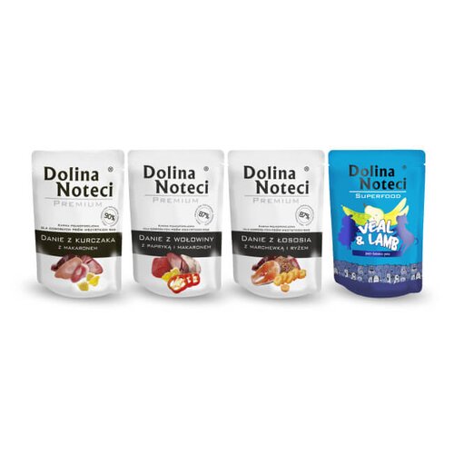 Karma dla psa DOLINA NOTECI Premium Danie z kurczaka z makaronem, Danie z łososia z marchewką i ryżem, Danie z wołowiny z papryką i makaronem, Superfood z cielęciną i jagnięciną 4 x 300g