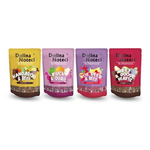 Karma dla psa DOLINA NOTECI Superfood z wołowiną i sercami gęsi, kaczką i przepiórką, kangurem i wołowiną, sarną i wołowiną 4 x 300g