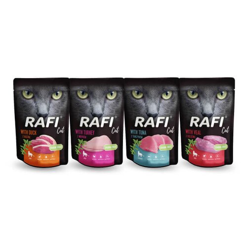 Karma dla kota RAFI z indykiem, kaczką, cielęciną, tuńczykiem 4 x 100 g