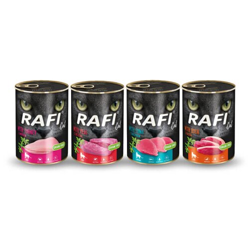 Karma dla kota RAFI Cielęcina, Indyk, Kaczka, Tuńczyk 4 x 400 g