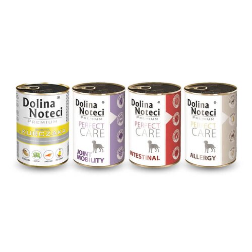 Karma dla psa DOLINA NOTECI Premium bogata w kurczaka, Premium Perfect Care Allergy z jagnięciną, Premium Perfect Care Intestinal z wieprzowiną, Premium Perfect Care Joint Mobility z wieprzowiną 4 x 400 g