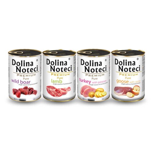 Karma dla psa DOLINA NOTECI Premium Pure bogata w dziczyznę, gęś z jabłkiem, indyka z ziemniakami, jagnięcinę 4 x 400 g