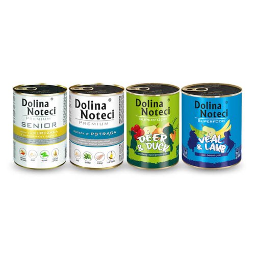 Karma dla psa DOLINA NOTECI Premium Senior bogata w kurczaka z marchewką i bazylią, Premium bogata w pstrąga, Superfood z cielęciną i jagnięciną, Superfood z jeleniem i kaczką 4 x 400 g