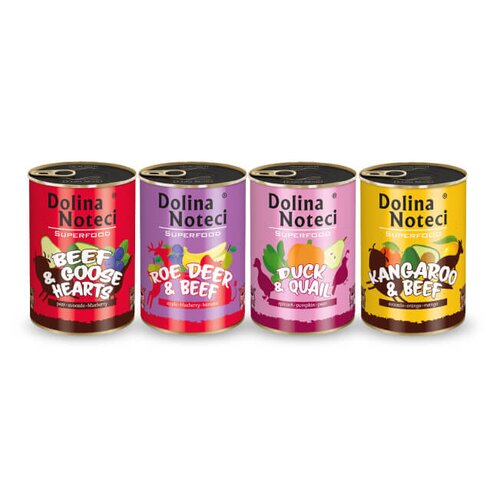 Karma dla psa DOLINA NOTECI Superfood z kaczką i przepiórką, kangurem i wołowiną, sarną i wołowiną, wołowiną i sercami gęsi 4 x 400 g