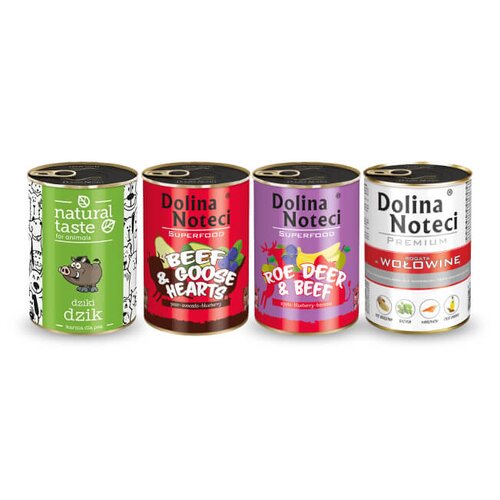Karma dla psa DOLINA NOTECI Superfood z sarną i wołowiną, wołowiną i sercami gęsi, Premium bogata w wołowinę + Karma dla psa NATURAL TASTE Dziki Dzik 4 x 400 g