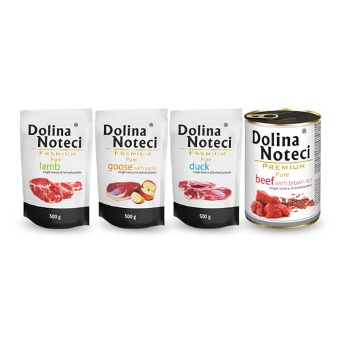 Karma dla psa DOLINA NOTECI Premium Pure bogata w gęś z jabłkiem, bogata w jagnięcinę, kaczkę, wołowinę z ryżem 4 x 500 g