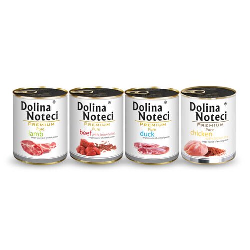Karma dla psa DOLINA NOTECI Premium Pure bogata w jagnięcinę, kaczkę, kurczaka z ryżem, wołowinę z ryżem 4 x 800 g