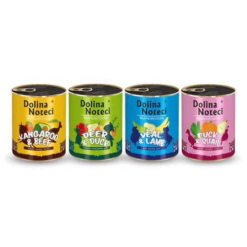 Karma dla psa DOLINA NOTECI Superfood z cielęciną i jagnięciną, jeleniem i kaczką, kaczką i przepiórką, kangurem i wołowiną 4 x 800 g