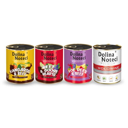 Karma dla psa DOLINA NOTECI Superfood z kangurem i wołowiną, sarną i wołowiną, wołowiną i sercami gęsi, bogatą w wołowinę 4 x 800 g