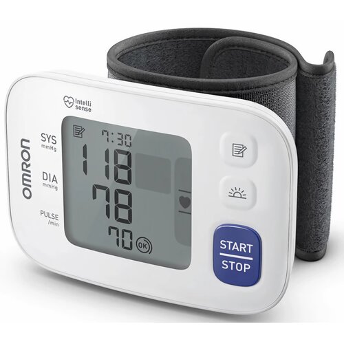 Cyfrowy ciśnieniomierz z wyświetlaczem pokazującym wartości: SYS 118 mmHg, DIA 78 mmHg, PULSE 70/min, z przyciskami oznaczonymi ikonami oraz napisem "START/STOP". Widoczne logo "OMRON" oraz "Intelli sense".