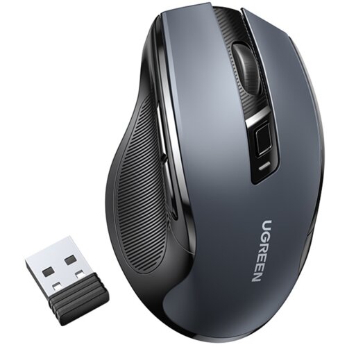 Czarna mysz komputerowa z logo "UGREEN" na boku, obok której znajduje się mały odbiornik USB. Mysz ma ergonomiczny kształt z wyraźnie zaznaczonymi przyciskami i rolką przewijania.