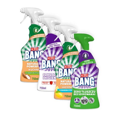 Płyn do czyszczenia kuchni CILLIT Bang Naturally Powerful, Power Cleaner Tłuszcz Smugi Spray + Płyn do czyszczenia łazienki CILLIT BANG Naturally Powerful, Wybielanie i higiena 4 x 750ml
