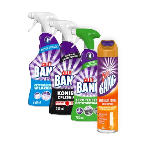 Płyn do czyszczenia kuchni CILLIT BANG Degreaser Without Scrubbing 750 ml + Płyn do czyszczenia łazienki CILLIT BANG Pleśń i czarne osady 750 ml, Czystość Połysk w Łazience Spray 750ml, Bang Dirt & Soapscum 600 ml