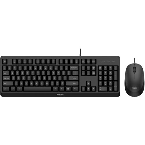 Na zdjęciu znajduje się czarna klawiatura i myszka z logo "PHILIPS". Klawiatura posiada pełny układ klawiszy, w tym klawisze numeryczne, a myszka ma prosty, ergonomiczny kształt.