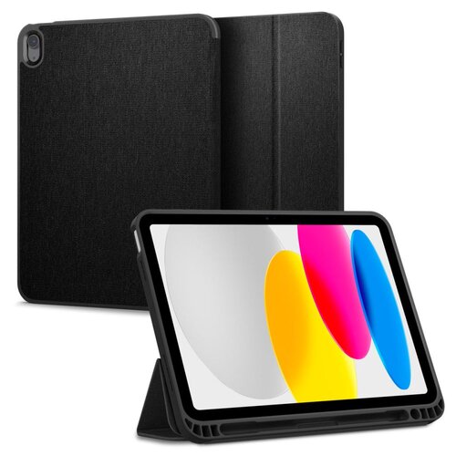 Czarne etui na iPad z teksturowaną powierzchnią, ustawione w pozycji stojącej, z widocznym ekranem urządzenia wyświetlającym kolorowe owalne kształty. Produkt ma elegancki, minimalistyczny design.