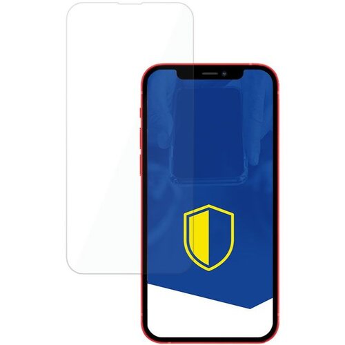 Na zdjęciu widoczny jest telefon z czerwonymi krawędziami, na ekranie którego znajduje się niebieska grafika z żółtą tarczą. Obok telefonu umieszczone jest przezroczyste szkło ochronne.