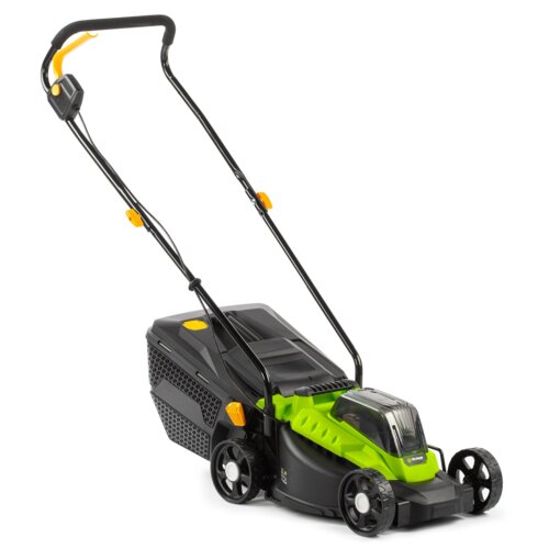 Na zdjęciu znajduje się akumulatorowa kosiarka w kolorach zielonym i czarnym, z widocznym uchwytem i kołami. Na obudowie kosiarki znajduje się napis "FIELDMANN".