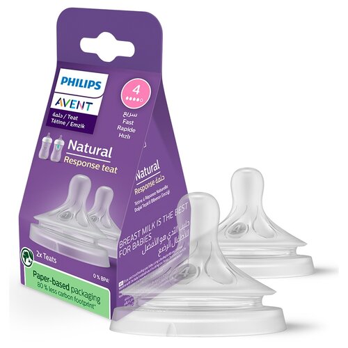 Opakowanie produktu z dwoma przezroczystymi smoczkami, na którym widnieje logo "PHILIPS Avent" oraz napisy: "Natural Response teat", "4 Fast", "2x Teats", "Paper-based packaging 80% less carbon footprint", "0% BPA", "BREAST MILK IS THE BEST FOR BABIES". O