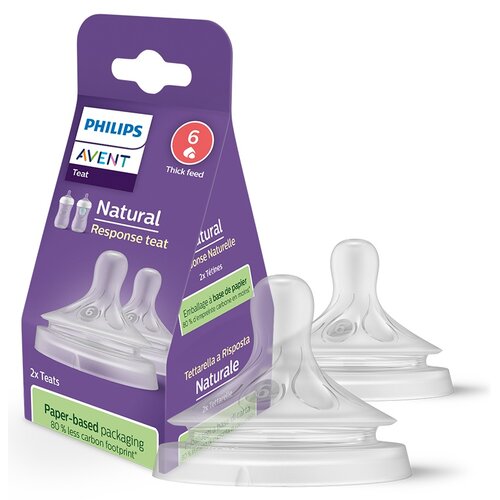 Fioletowe opakowanie z napisem "PHILIPS Avent Natural Response teat" zawiera dwa przezroczyste smoczki, a na opakowaniu widnieje informacja "6+ Thick feed" oraz "Paper-based packaging 80% less carbon footprint".