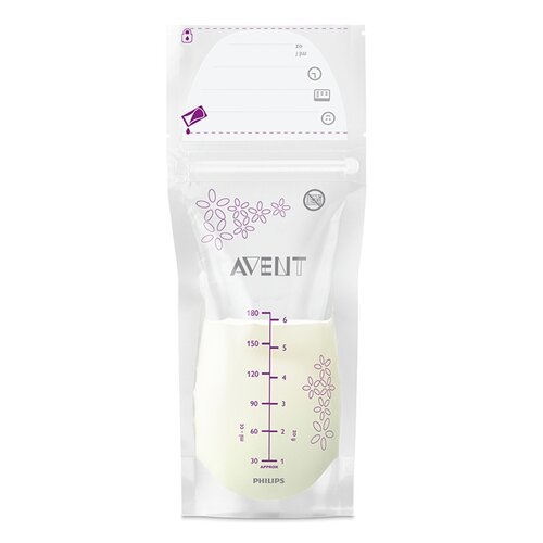 Przezroczysty woreczek z miarką do 180 ml/6 oz, ozdobiony fioletowym wzorem kwiatowym, z widocznym logo "AVENT" oraz "PHILIPS" na dole. Na górze znajduje się miejsce na notatki z ikonami i liniami do pisania.