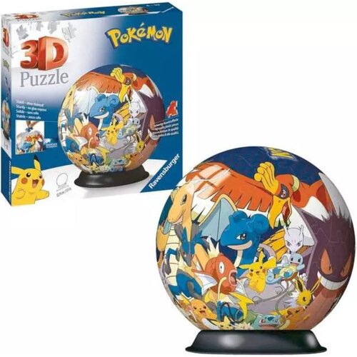 Opakowanie przedstawia produkt "3D Puzzle" z motywem Pokemon, z widocznym napisem "Ravensburger" na dole. Na pudełku znajduje się kolorowa ilustracja przedstawiająca różne postacie z serii Pokemon oraz napis "72 elementy".