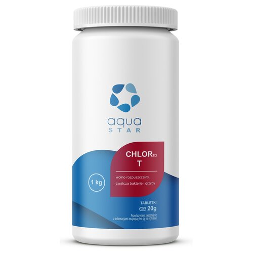 Biała butelka z szarym zakrętką, na której widnieje logo "aqua STAR" oraz napis "CHLOR TIX T". Na etykiecie znajduje się informacja: "1 kg, wolno rozpuszczalny, zwalcza bakterie i grzyby, TABLETKI 20g".