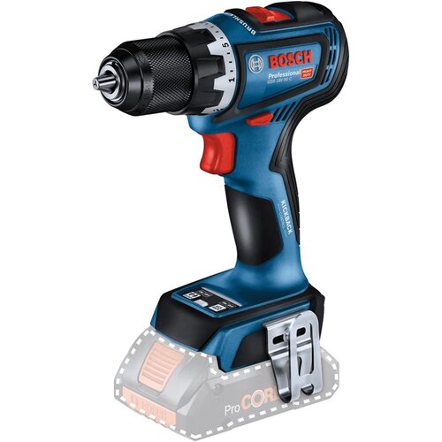 Na zdjęciu znajduje się niebiesko-czarna wiertarko-wkrętarka z czerwonymi akcentami, z widocznym logo "BOSCH Professional GSR 18V-90 C" oraz napisem "KICKBACK CONTROL". Produkt jest przedstawiony bez akumulatora, z przezroczystym zarysem miejsca na bateri