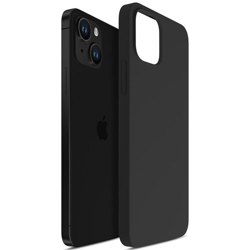 Czarne etui silikonowe do telefonu, widoczne z przodu i z tyłu, z wycięciem na aparat oraz przyciski boczne. Obok etui znajduje się telefon z widocznym logo w kształcie jabłka i podwójnym obiektywem aparatu.