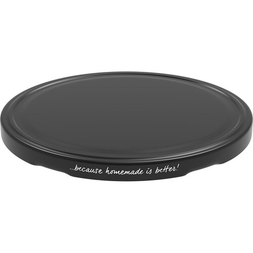 Czarna, gładka zakrętka o średnicy 10 cm z białym napisem na krawędzi: "...because homemade is better!". Produkt jest sprzedawany w zestawie 10 sztuk.