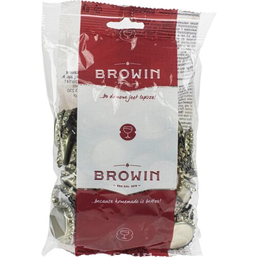 Przezroczysta plastikowa torebka zawiera metalowe kapsle do butelek, z widocznym logo "BROWIN" oraz napisami: "...bo domowe jest lepsze!" i "...because homemade is better!". Na opakowaniu znajduje się również symbol kieliszka.