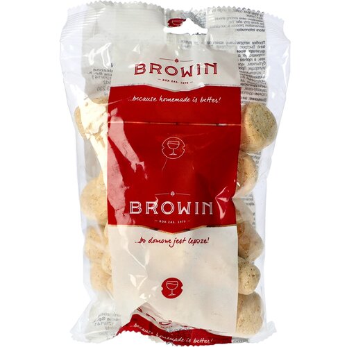Przezroczyste opakowanie zawiera korki do butelek, z przodu widoczny jest czerwony nadruk z logo "BROWIN" oraz napisami: "...because homemade is better!" i "...bo domowe jest lepsze!".