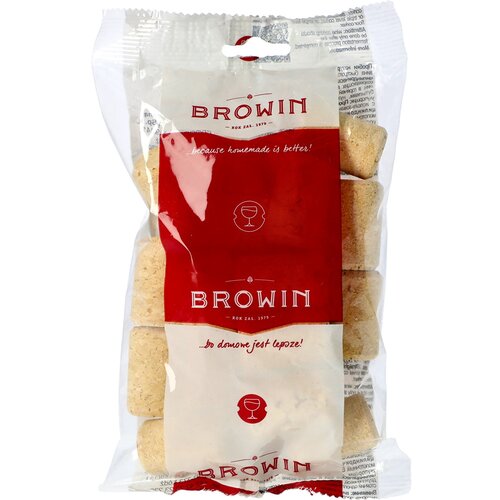Przezroczyste opakowanie zawiera korki do butelek, z przodu widoczna jest czerwona etykieta z białym napisem "BROWIN" oraz hasłami "because homemade is better!" i "...bo domowe jest lepsze!". Na etykiecie znajduje się również symbol kieliszka.