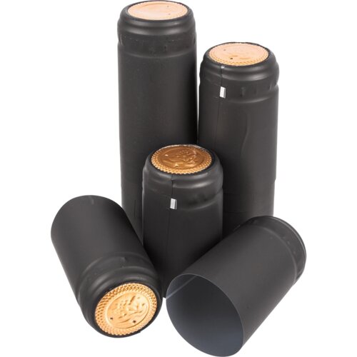 Na zdjęciu widoczne są czarne kapturki termokurczliwe z złotymi wierzchołkami, ułożone w grupie. Produkt to "Kapturki termokurczliwe BROWIN 658050 (100 szt.)".
