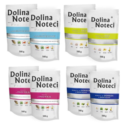 Karma dla psa DOLINA NOTECI Premium bogata w dorsza z brokułami, gęś z ziemniakami, indyka, jagnięcinę 8 x 500 g