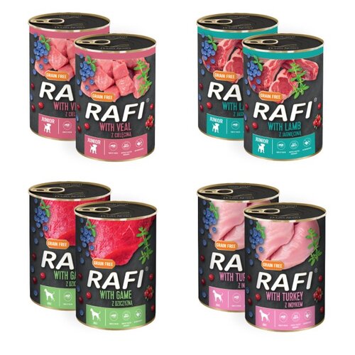 Karma dla psa RAFI Junior z cielęciną, jagnięciną, dziczyzną, indykiem (z borówką i żurawiną) 8 x 400 g