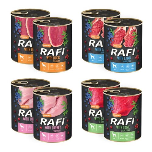 Karma dla psa RAFI z dziczyzną, indykiem, jagnięciną, kaczką (z borówką i żurawiną) 8 x 800 g