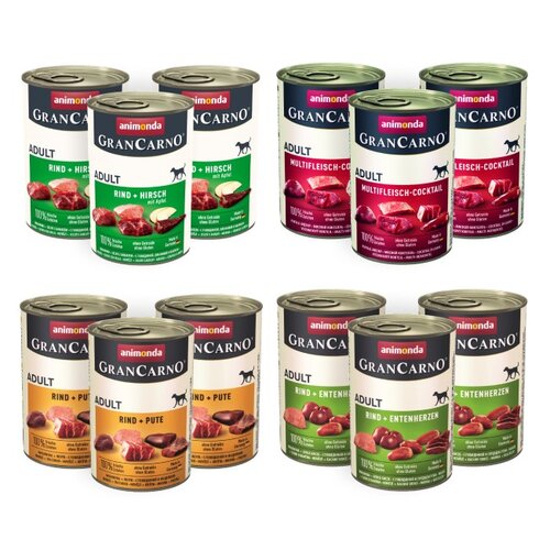 Karma dla psa ANIMONDA GranCarno Mięsny koktajl, Wołowina i kacze serca, Wołowina z indykiem, Wołowina z dziczyzną i jabłkiem 12 x 400 g