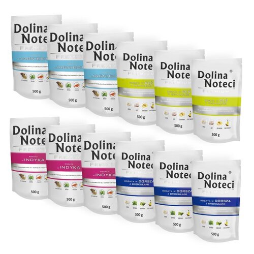 Karma dla psa DOLINA NOTECI Premium bogata w dorsza z brokułami, gęś z ziemniakami, indyka, jagnięcinę 12 x 500 g
