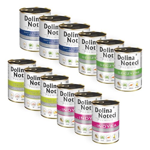 Karma dla psa DOLINA NOTECI Premium bogata w dorsza z brokułami, dziczyznę, gęś z ziemniakami, indyka 12 x 400 g