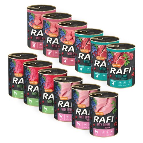 Karma dla psa RAFI Junior z cielęciną, jagnięciną, dziczyzną, indykiem (z borówką i żurawiną) 12 x 400 g
