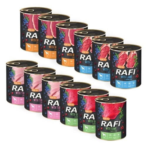 Karma dla psa RAFI z dziczyzną, indykiem, jagnięciną, kaczką (z borówką i żurawiną) 12 x 800 g