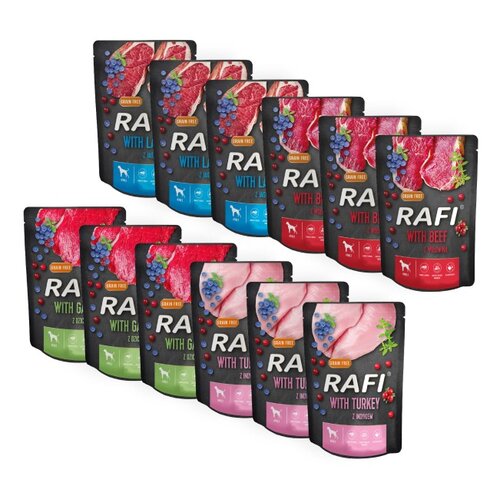 Karma dla psa RAFI z indykiem, dziczyzną, wołowiną, jagnięciną (z borówką i żurawiną) 12 x 300 g