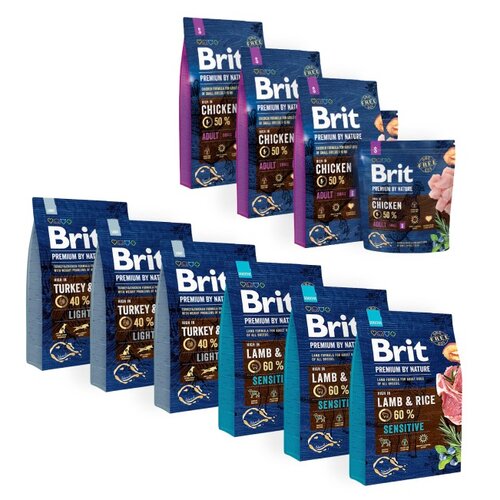 Karma dla psa BRIT Premium By Nature Kurczak, Indyk z owsem, Jagnięcina z ryżem 9 x 3 kg