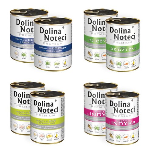 Karma dla psa DOLINA NOTECI Premium bogata w dorsza z brokułami, dziczyznę, gęś z ziemniakami, indyka 8 x 400 g