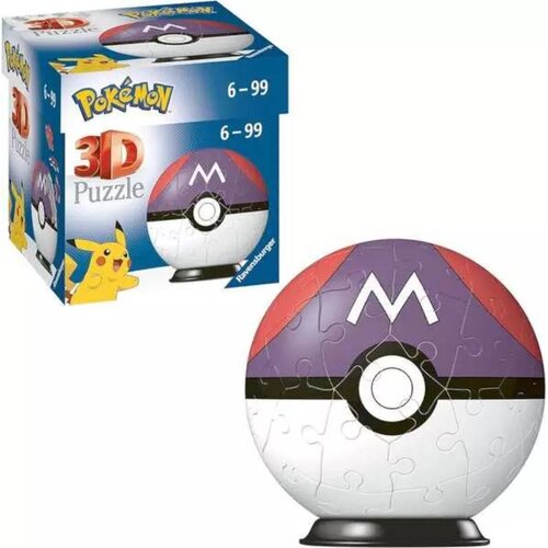 Na zdjęciu znajduje się opakowanie oraz złożony model puzzli 3D w kształcie kuli, przypominający Master Ball z serii Pokemon. Na opakowaniu widnieje napis "Pokemon 3D Puzzle", liczba "6-99" oraz logo "Ravensburger".