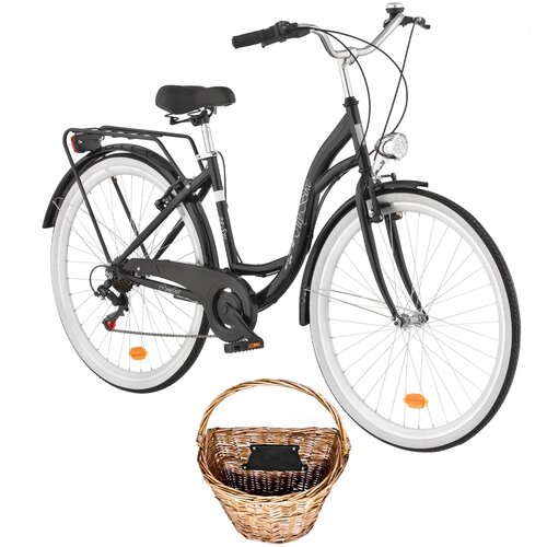 Rower miejski DAWSTAR Citybike S7B 28 cali damski Czarny + Koszyk wiklinowy na rower VÖGEL VKS-502 Stylowy